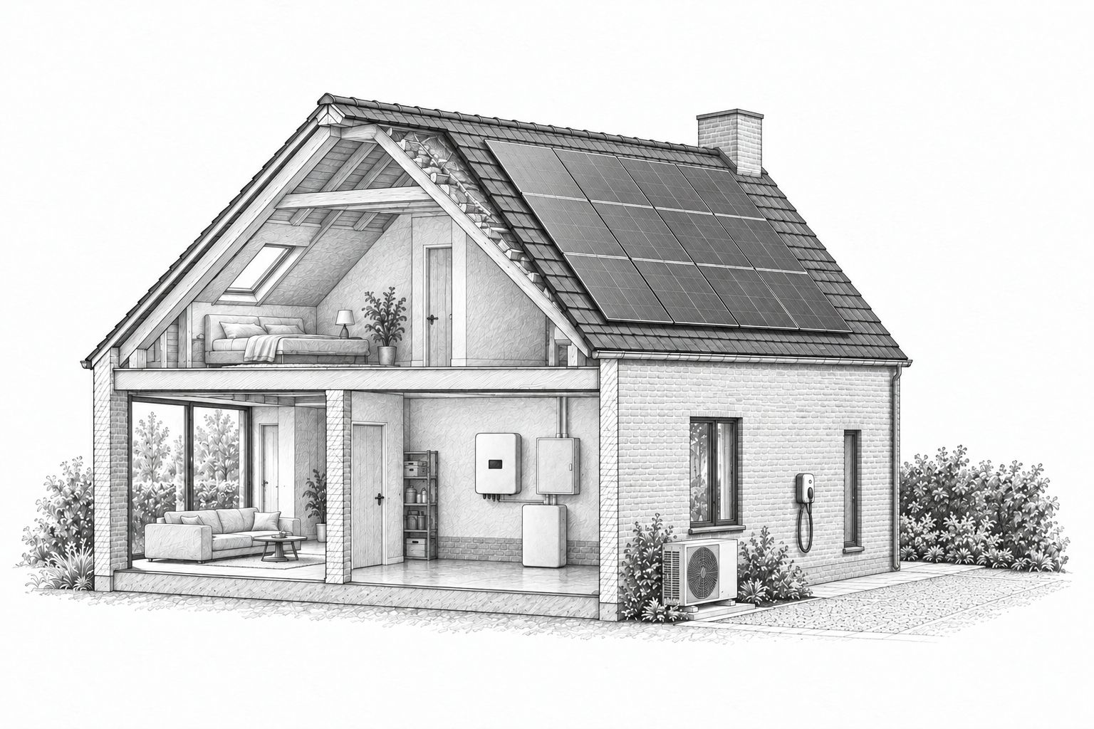 Opengewerkte woning met zonnepanelen, omvormer, thuisbatterij, warmtepomp en laadpaal