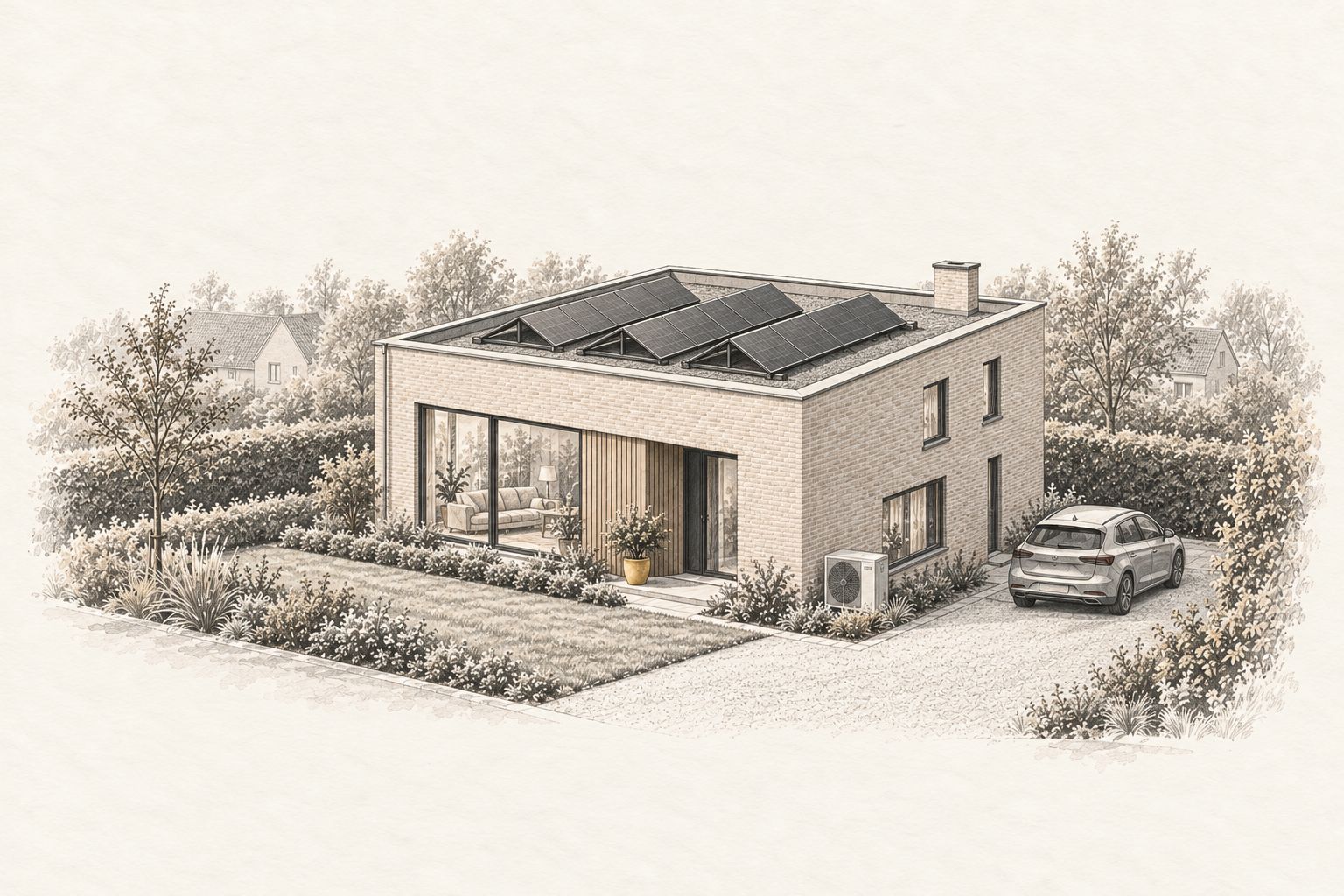 Tekening van een woning met een plat dak met zonnepanelen op schuine steunen