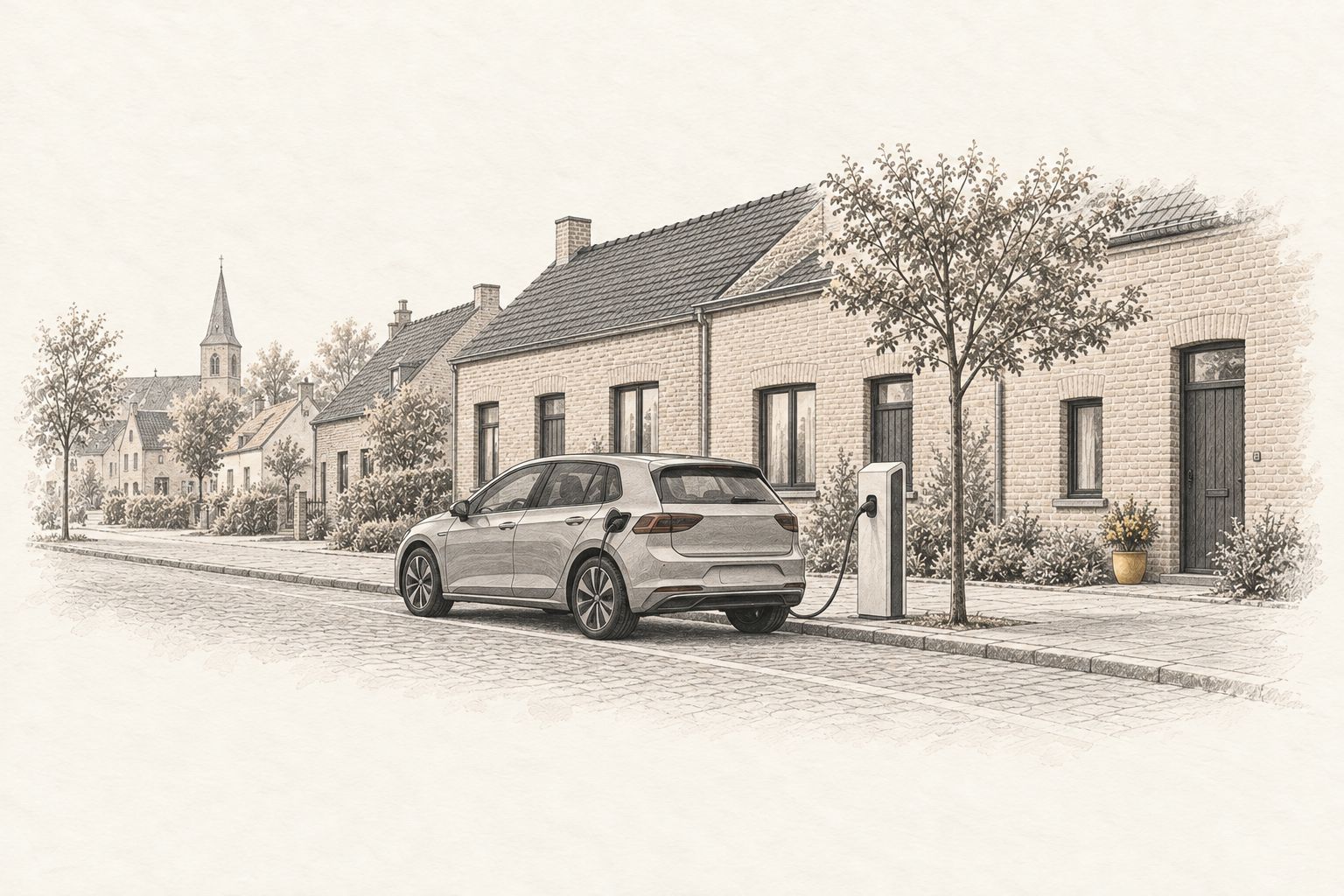 Tekening van een wagen aan een publieke laadpaal in een Vlaamse straat