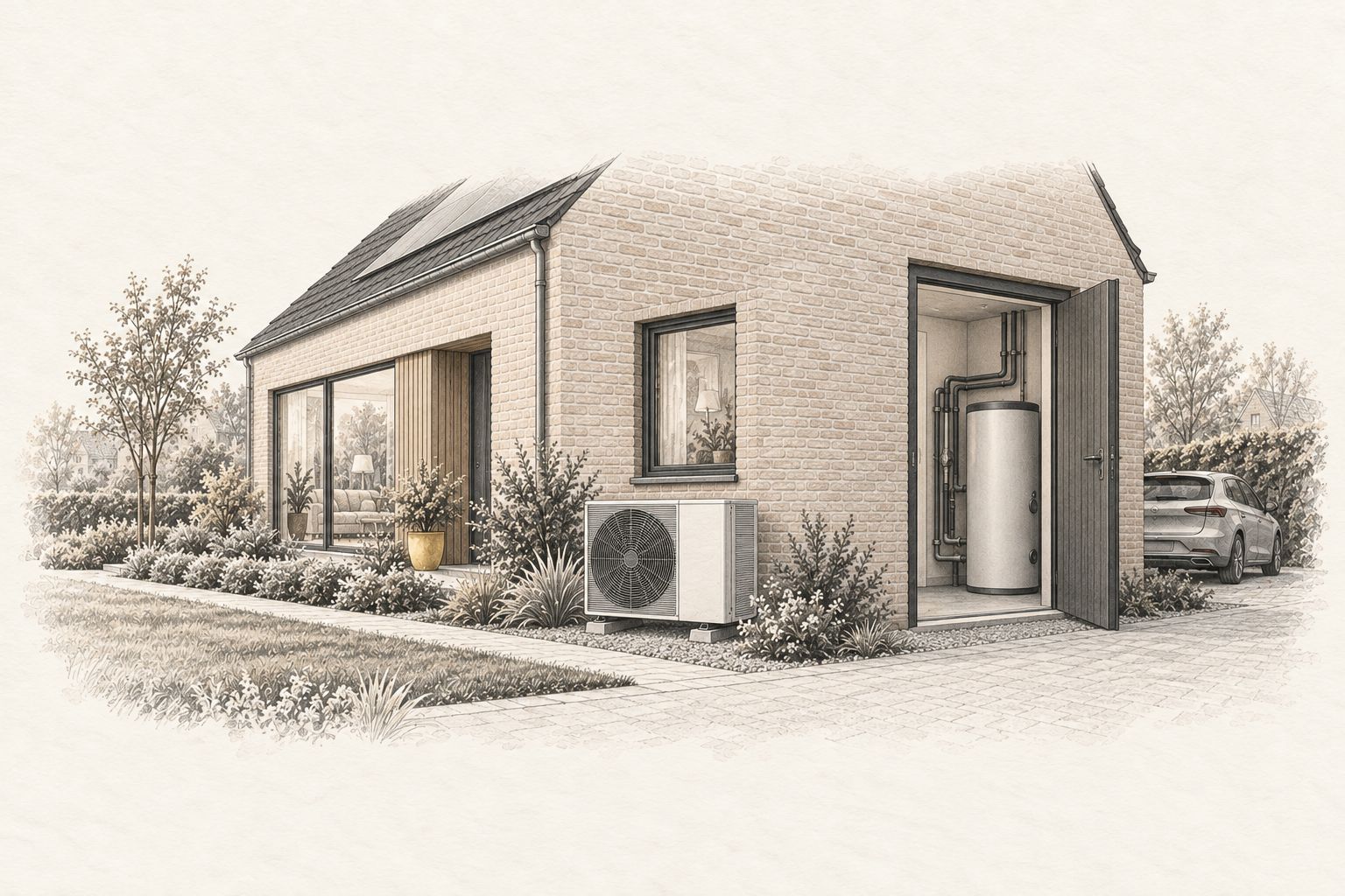 Tekening van een woning met een warmtepomp buiten en een boilervat in de berging