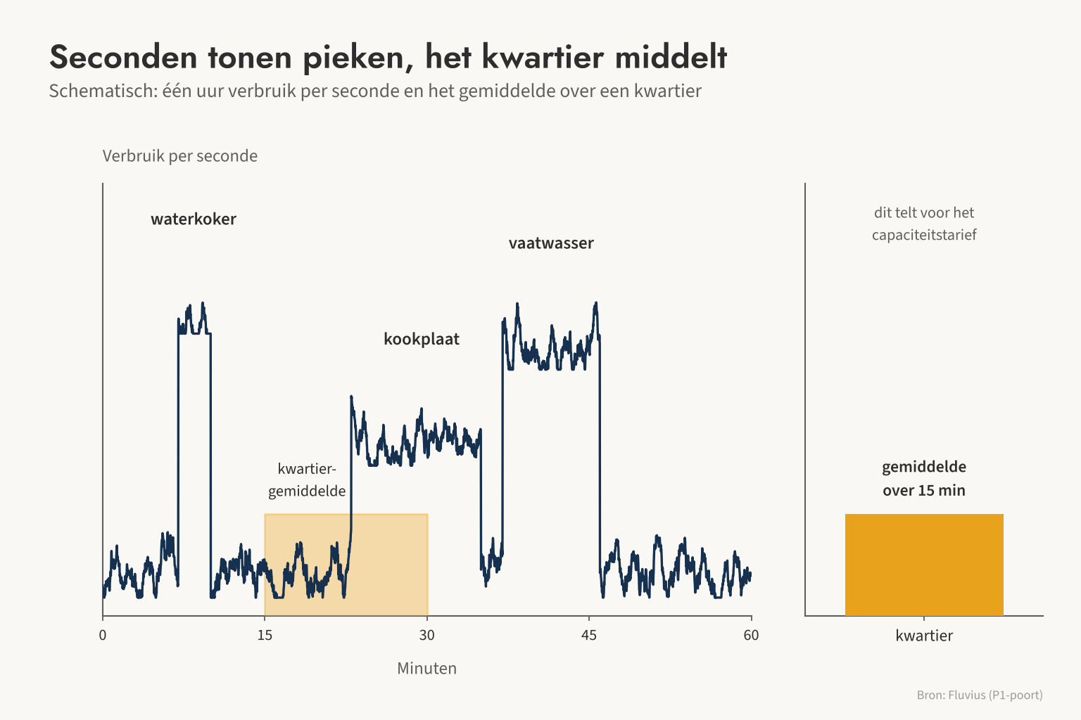 Schematisch: de P1-poort toont de pieken van waterkoker, kookplaat en vaatwasser per seconde, terwijl het capaciteitstarief rekent met het gemiddelde over een kwartier.